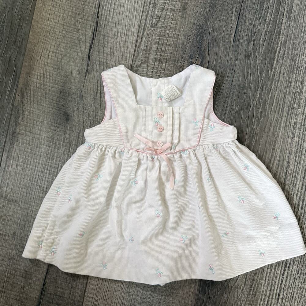 Vtg Pink Corduroy Sun Dress Floral Embroidered Baby Girls 6-9 Months Bow White